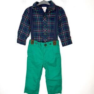 Cat & Jack Baby Boy Plaid Suspenders Holiday Christmas Set Size 12 Months